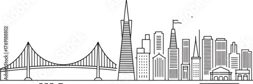 San Francisco City Outline Silhouette Black Line Illustration Isolated on a Transparent Backdrop