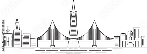 San Francisco Cityscape Silhouette Illustration Simplified Style Black Line Drawing on Transparent