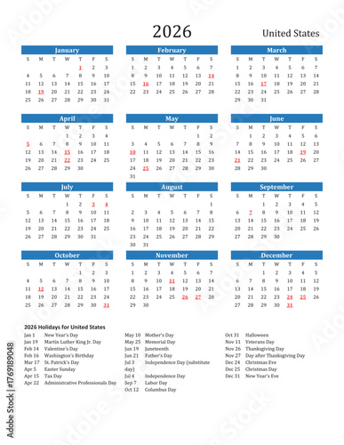 2026 Calendar with US Holidays | Printable Yearly Calendar Template (Sunday Start, EPS Vector)