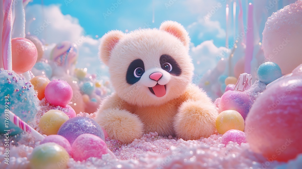 Fototapeta premium Stuffed panda with candy like fur sitting in a sugary wonderland