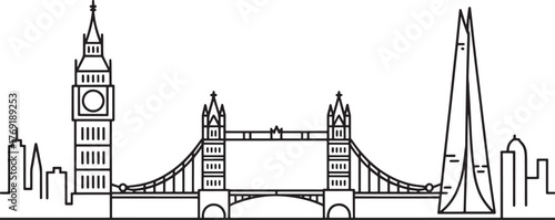 London Skyline Vector Outline UK Architecture Landmark Illustration Black White Background