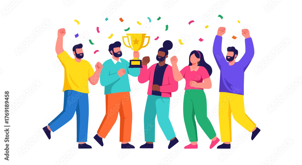 Fototapeta premium Group Celebrating Success with Trophy and Confetti on Black Background Illustrative