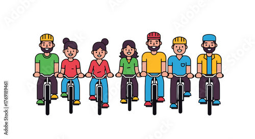 Group Cycling Together: A Vibrant Illustration of Joyful People on Bicycles