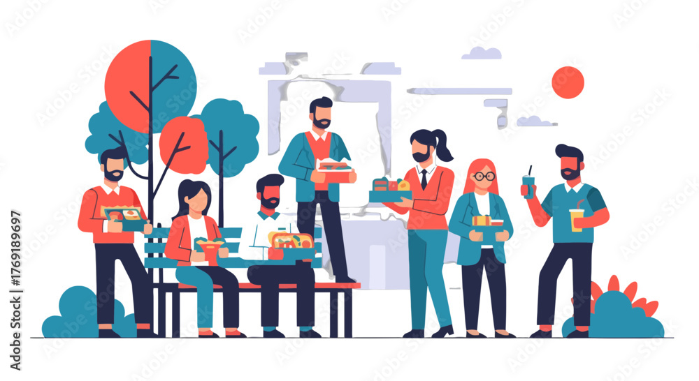 Obraz premium Group Of People Enjoying Meals Together At An Outdoor Gathering And Sharing