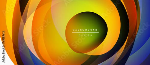 Abstract layers create dynamic circular design. Vibrant colors blend, forming modern background. Text reads background design.