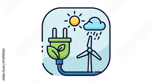 Renewable energy sources concept with plug, wind turbine, sun and cloud clean energy, ecology and green energy
