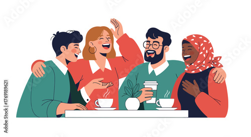 Group Of Friends Laughing And Sharing Good Moments Around Coffee And Tea