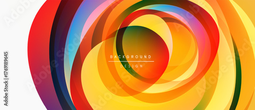 Abstract colorful swirl design. Concentric circles create dynamic visual effect. Bright hues blend, forming modern background.