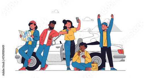 Group Of Friends On A Road Trip, Taking Pictures And Enjoying Snacks By The Car