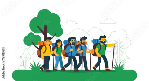 Group Of Hikers Walking Through The Mountains With Backpacks Using Trekking Poles