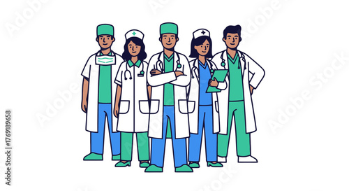 Group Of Medical Professionals Standing Together In Uniforms Depicted With Distinctive Aesthetics