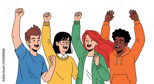 Group Of People Cheering With Raised Fists And Joyful Expressions On Black Background