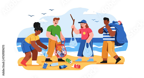 Group Of People Cleaning Beach Together To Preserve Nature On A Sunny Day