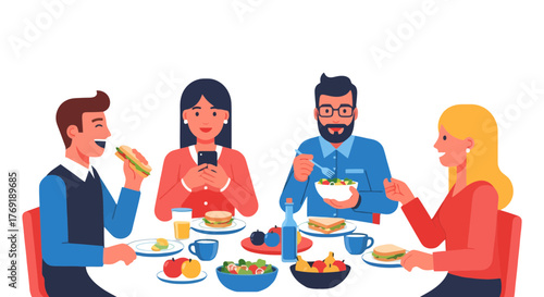 Group Of People Enjoying a Meal Together at a Dining Table During an Informal Dinner