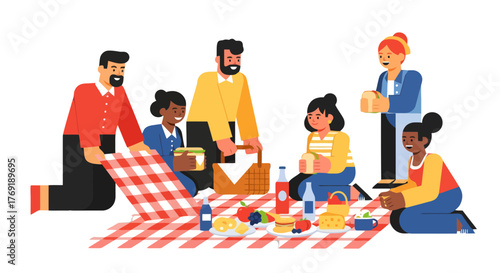 Group Of People Enjoying Outdoor Luncheon On Picnic Blanket Together Joyfully