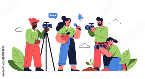 Group Of Photographers Capturing A Young Plant In A Promotional Or Informational Session