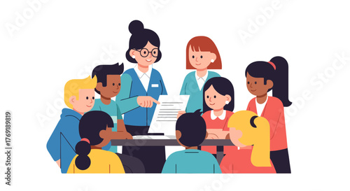 Group Of Students And Teacher Focused On A Document, Learning Together, Illustration