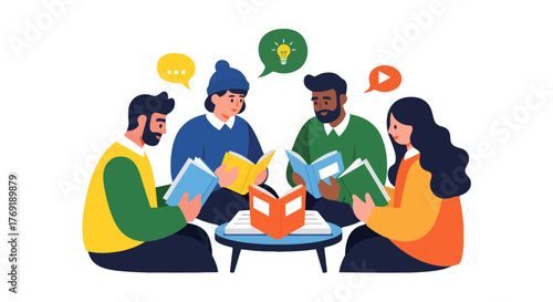 Group Reading And Collaborative Learning Concept With Colorful Illustrations