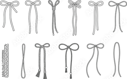 Bow cord vector set, rope lace illustration, decorative ribbon tie drawing, fashion accessory sketch, braided cord flat design, cad vector art
