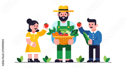 Healthy Farmers Sharing Fresh Harvest From Organic Garden In Vibrant Illustration