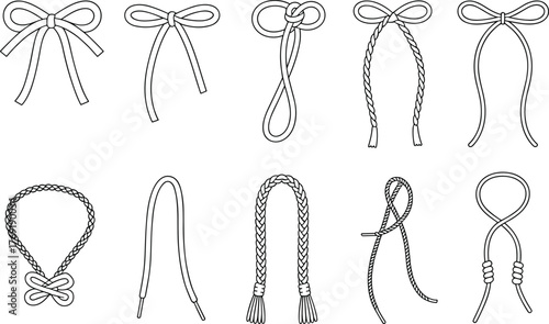 Bow cord vector set, rope lace illustration, decorative tie sketch, braided rope drawing, fashion accessory outline, garment detail CAD vector art