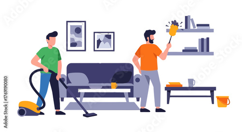 Home Cleaning Tasks: Modern Illustrated Representation of Two People Maintaining a Clean Environment