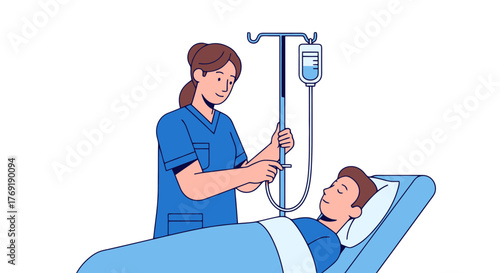 Hospital Care Illustration Depicting Nurse and Patient During Infusion Treatment