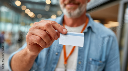Man holding a blank card in a modern setting