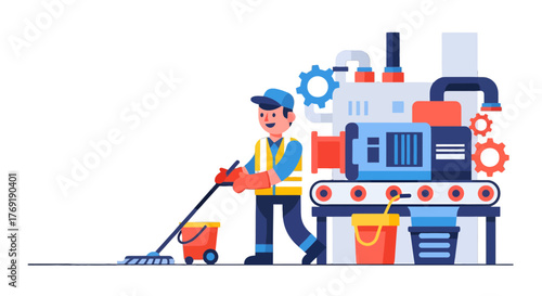Illustration Of A Factory Cleaner Near Industrial Machinery, Cartoon Vector