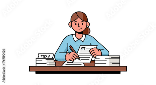 Illustration Of A Businesswoman Filling Out Documents At Her Desk For Administrative Use