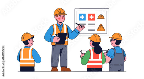 Illustration Of A Construction Safety Training Session Involving Hard Hats And Guidance