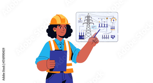 Illustration Of A Female Electrical Engineer Explaining Power Grid Electrical Diagram