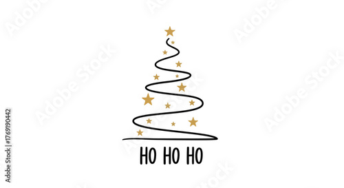 Minimalist Christmas Tree with Golden Stars and "Ho Ho Ho" Festive Greeting