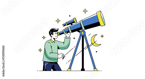 Illustration Of A Man Gazing At The Stars Through A Large Telescope At Night
