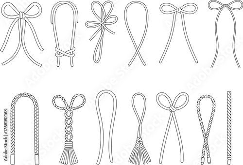 Bow rope lace vector set, braided cord outline, decorative knot sketch, fashion accessory illustration, garment detail CAD design, textile element art