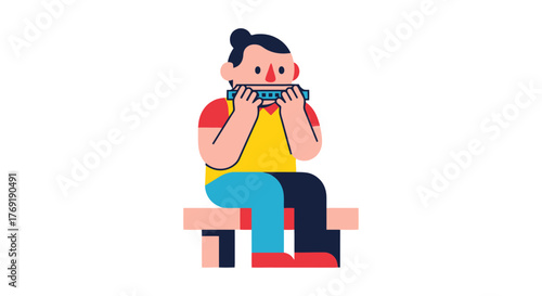 Illustration Of A Musician Playing The Harmonica While Relaxing On Wooden Bench