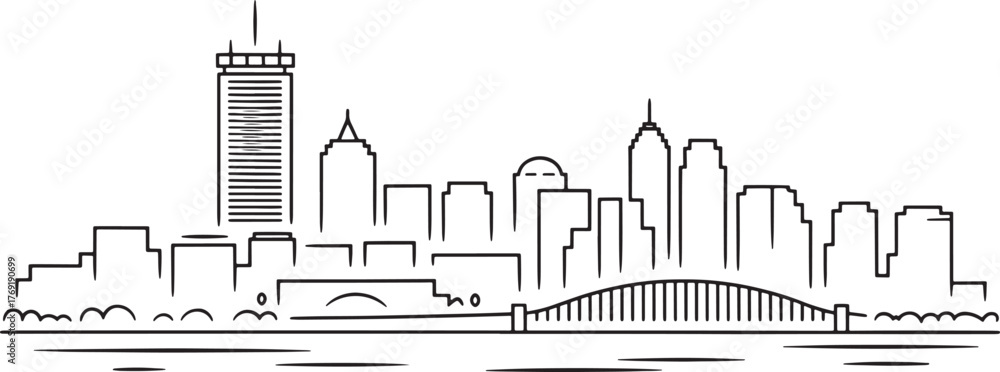 Obraz premium Clean Boston Cityscape Vector Outline Silhouette Design on Transparent Canvas for Creative Projects