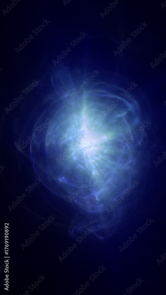 Naklejka premium Ethereal blue light explosion forming a nebulous glowing sphere in dark space, symbolizing energy and cosmic creation