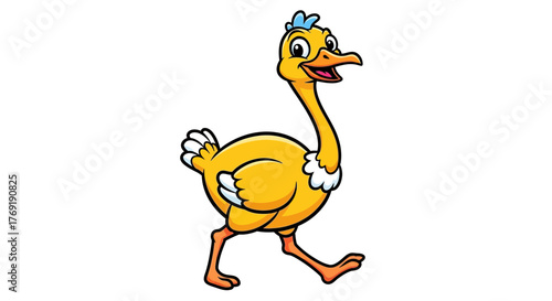 Bright and cheerful cartoon illustration of a friendly yellow ostrich-like bird, happily striding forward with a warm smile, perfect for children's designs and educational content