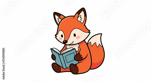 Charming illustration of a cute fox engrossed in reading a book, perfect for educational or children's content