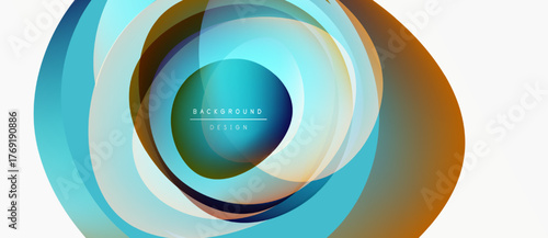 Abstract layers create dynamic circular design. Blue, orange, beige hues blend, forming modern background element. Minimalist text present.