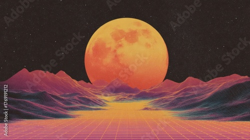 Retro futuristic landscape with giant glowing orange moon above neon mountains ideal for synthwave music covers, sci-fi posters and digital backgrounds