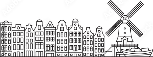 Amsterdam Cityscape Outline Illustration Canal Houses Windmill Netherlands Landmark Drawing