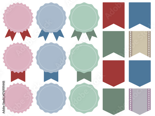 くすみカラーのシンプルで可愛いリボンと勲章とメダルのイラストセット