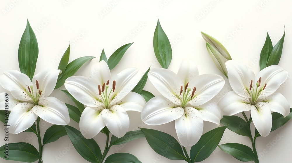 Obraz premium White lilies arranged on a white background, elegant floral display