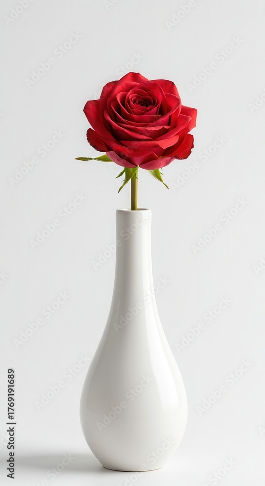Fototapeta premium Single vibrant red rose is presented in a minimalist white ceramic vase against a light background.