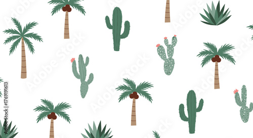 A seamless pattern of hand-drawn palm trees, various cacti, and succulents on a white background, evoking a vibrant desert and tropical feel.