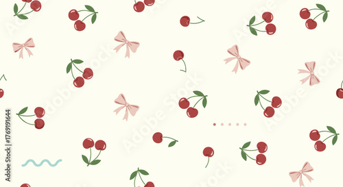 Cute seamless pattern with red cherries and pink bows scattered on a light cream background, featuring small decorative dots and waves.