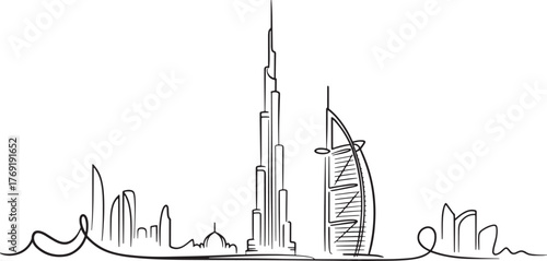 Dubai Skyline Illustration Outline Building Landmark Architecture Travel Destination Vector