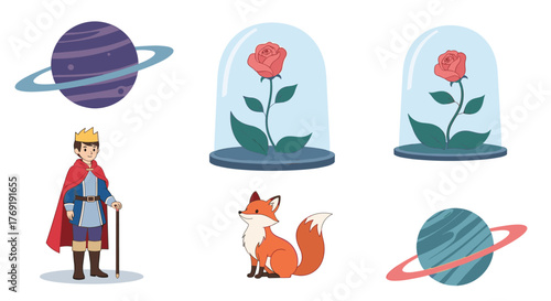An illustration of The Little Prince with his rose under a glass dome, a fox, and planets, representing the beloved children's story.